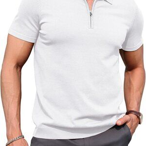 Men's White Short Sleeve Zipper Knit Polo Shirt with Rib Collar and Slim Fit